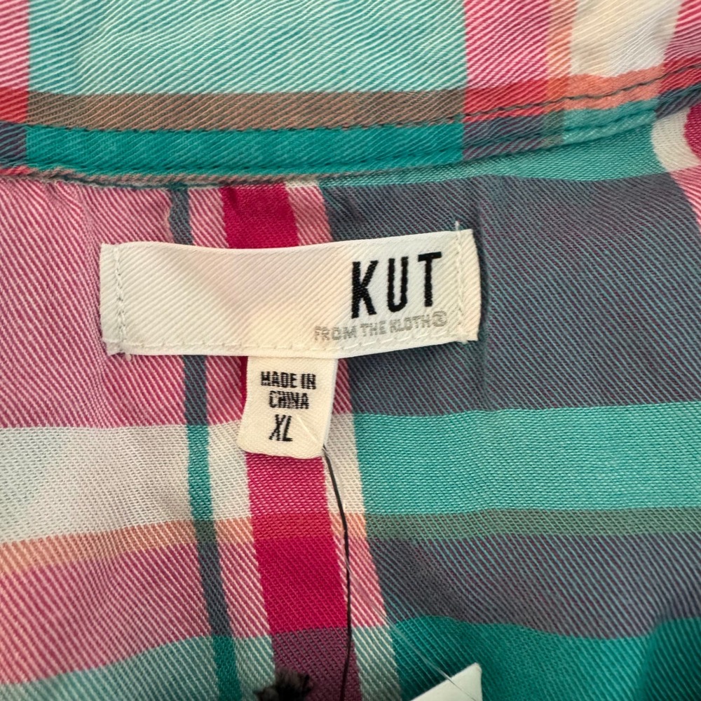 Kut from the Kloth Caillen Flannel Relaxed Button Down Top Pink Aqua Plaid XL - Picture 7 of 14